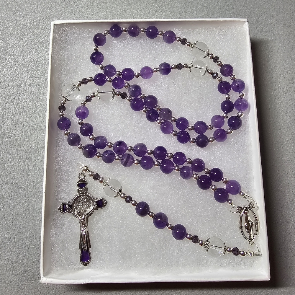 Large One Of A Kind Hand Crafted Rosary Made With Natural Amethyst And Quartz